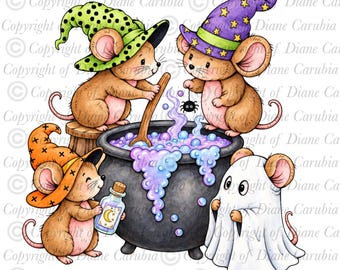 Boil and toil Mice, black and white digital stamp, colouring page, cute Halloween, jpeg, printable line art