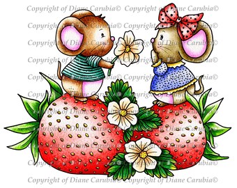 Strawberry Mice , coloured, digital stamp, printable, cute, mouse