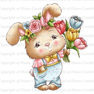 Cute Tulip Bunny, coloured, digital stamp, download, printable, cute, cardmaking