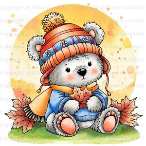 May include: A cartoon bear in a blue sweater, orange scarf, and hat with a pom-pom, holding a leaf. The bear sits on green grass with autumn leaves. The background is a yellow circle. The image has a warm, autumnal feel.