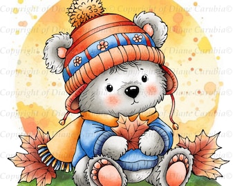 Maple Paws, black and white, digital stamp, digi, printable colouring, cardmaking image, cute bear