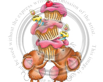 Cutie Cupcake Tower, Digital Stamp, Download, mice, black and white