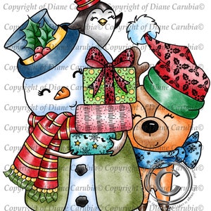 Snowman and friends, coloured, winter, digital stamp, cardmaking, printable, sublimation