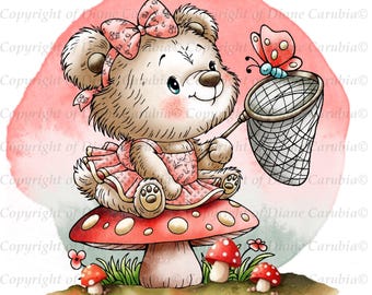 Beary Butterfly black and white, digital stamp, bear digital stamp, printable digi, cardmaking, download