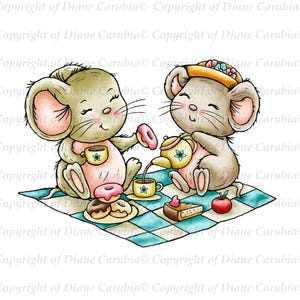 Teatime picnic mice, black and white, digital stamp, digi, printable, cardmaking, colouring