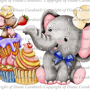 Cupcake aux fraises Ellies, coloré, carterie, timbre numérique, éléphant, imprimable, sublimation