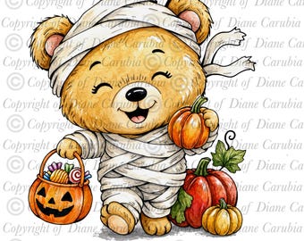 Pumpkin mummy Bear, black and white digital stamp, printable colouring, Jpeg, cardmaking image