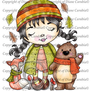 Autumn Friends, Black and white, digital stamp, digi, cute, girl, cardmaking, sublimation