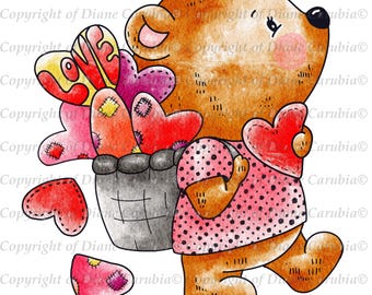 Love Heart Bear Digital Stamp: Valentine Coloring Page (JPEG Downloadable Image)