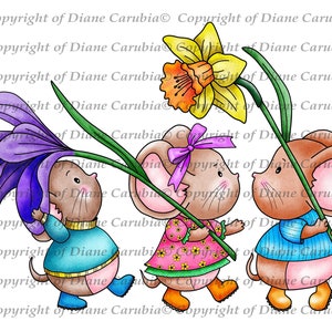 Défilé de souris de printemps, Noir et blanc, Timbre numérique, digi, imprimable, carterie, printemps, mignon
