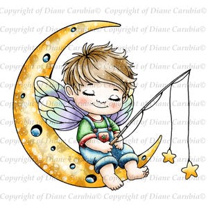 Hada de niño con luna y estrellas, sello en blanco y negro, sello imprimible, sello de hada de niño lindo, fabricación de automóviles