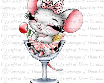 Sweey Cherry mouse, black and white digital stamp, colouring page, printable JPEG