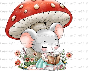Mouses Toadstool Tales, Black and white digital stamp, colouring page, cardmaking image, cute mouse image