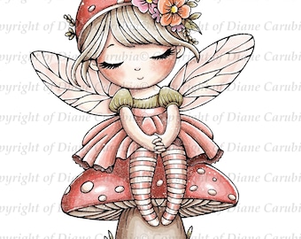 Mushroom cup Fairy, black and white, digital stamp, digi, whimsical, cute, printable, cardmaking
