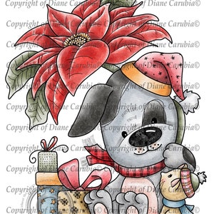 Amigos festivos, invierno, navidad, sello digital, imprimible, perro, flor de pascua