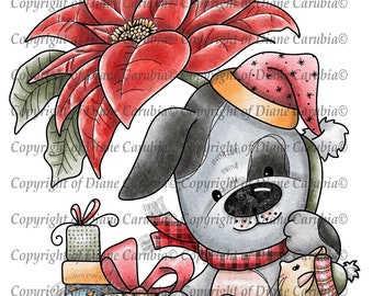 Festive Pals, winter, christmas, digital stamp, printable, dog, poinsettia