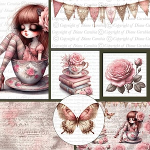 Può includere: Un collage digitale con una ragazza dai lunghi capelli castani seduta in una tazza da tè, una ghirlanda di pizzo, una tazza con rose su libri impilati, una grande rosa, una farfalla e uno sfondo di scrittura vintage e note musicali.