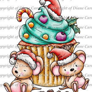 Cupcake de Navidad Ratones Blanco y Negro, sello digital, imprimible, tarjetería