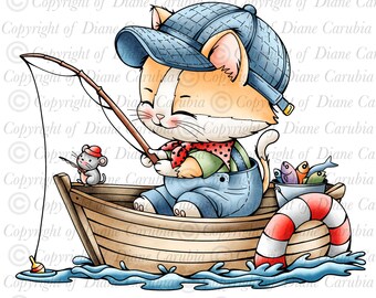 The Purrfect Catch, black and white digital stamp, colouring page, printable JPEG