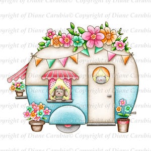 Pet Caravan Camping, carimbo digital, preto e branco, cardmaking, colorir, imprimível
