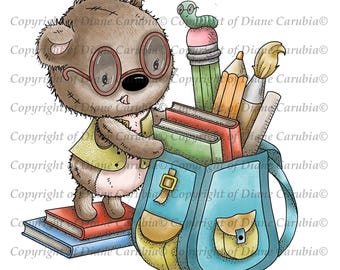 School Satchel Bear Coloring Page: Printable Black and White Image (Jpeg Digital Download)