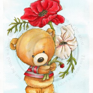 Buddys Poppy Bouquet, Urso, papoula, download digital, clipart, adesivos