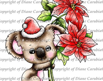 Poinsettia Koala Black and White Digital Stamp (Jpeg)