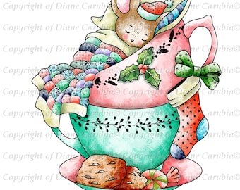 Teacup christmas mouse, digital stamp, black and white, printable, download, cute, cardmaking