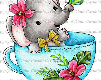 Teacup Ellie, digital stamp, coloured, elephant, printable, sublimation, cute elephant image, pre coloured image, create