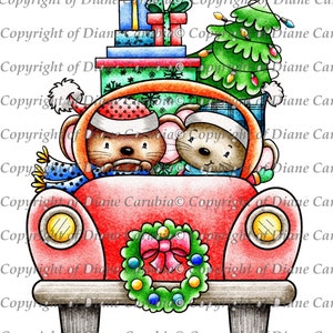 Driving home for Christmas, black and white, digital stamp, christmas, mouse, mice, sublimation, printable