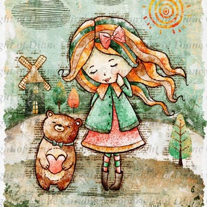 Whimsical girl with Bear, digital print, illustration, printable, download, cardmaking, journaling