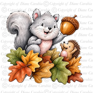 May include: A digital illustration of a gray squirrel holding a large brown acorn, standing next to a small brown hedgehog. Both animals are positioned behind a pile of colorful autumn leaves in shades of green, orange, and brown.