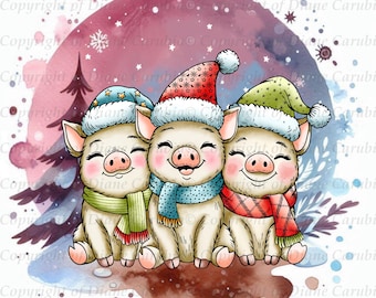 Three Chilly Pigs Digital Stamp: Black an d white Christmas Coloring Page (Jpeg) digital download