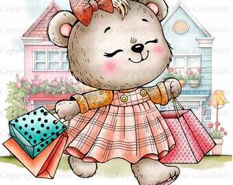May include: A watercolour illustration of a smiling bear in a pink plaid dress and bow, carrying shopping bags. The bear is walking past houses with flowers and a street lamp. The bags are teal with polka dots, pink with polka dots, and orange.