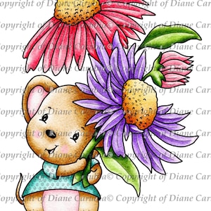 Daisy Mouse, black and white, digital stamp, digi, printable, download, cardmaking