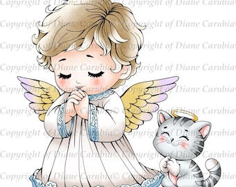 Little Prayer soft Purr: Black and White digital stamp, jpeg, download and colour
