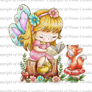 Fairy Fox friend Digital Stamp: Black and White Cardmaking Image (Printable) jpeg, colouring page