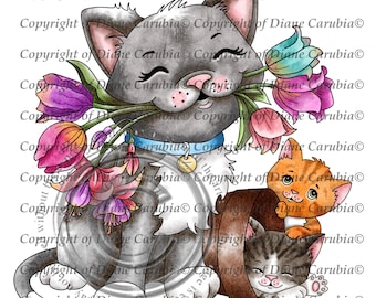 Kittys Cute Bouquet, coloured, digital stamp, download, cat, printable
