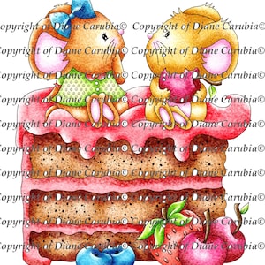 May include: Two cartoon mice sitting on a multi-layered cake decorated with red and white frosting, strawberries, blueberries, and cherries. The cake is on a white background.