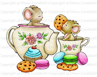 Tea Party Mice Digital Stamp, Macarons, Black and White (Jpeg)