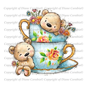 Bears in a Teacup coloured, digital stamp, digi, printable, cute, cardmaking, download