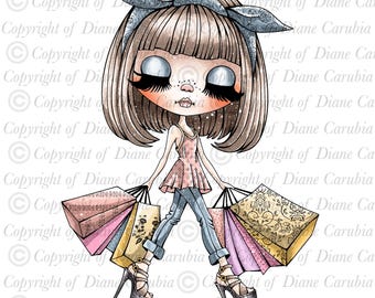 Fashionista Flair, black and white digital stamp, printable colouring page, download and print