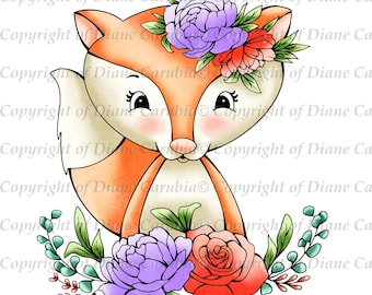 Foxy flowers, black and white digital stamp, digi, fox image, colouring page