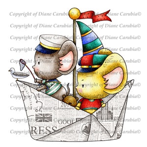 Dreamboat Mice, black and white, digital stamp, digi, sublimation, cardmaking