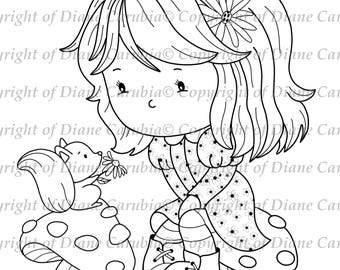 Mushroom Love, Black and white, digital stamp, printable, cute, girl, cardmaking
