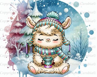 LLama Latte Hugs, 2 pre coloured  digital stamps, printable, clipart llama, coloured llama, christmas llama