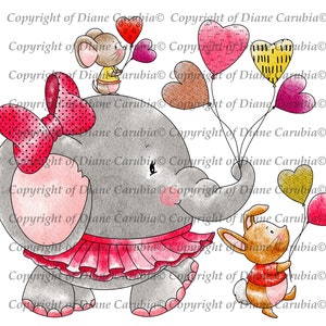 Elephant Valentine parade, Black and white, valentine, digital stamp, love, hearts