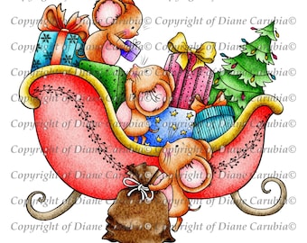 Sleighride Mice Digital Stamp: Pre-Colored Christmas Image (Downloadable JPEG