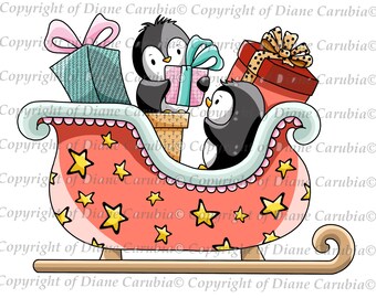 Penguins Sleigh, digital stamp, coloured, printable, download, Christmas