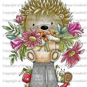 Merveilleux bouquet Hedgy, coloré, hérisson, timbre numérique, imprimable, téléchargement, carderie, timbre